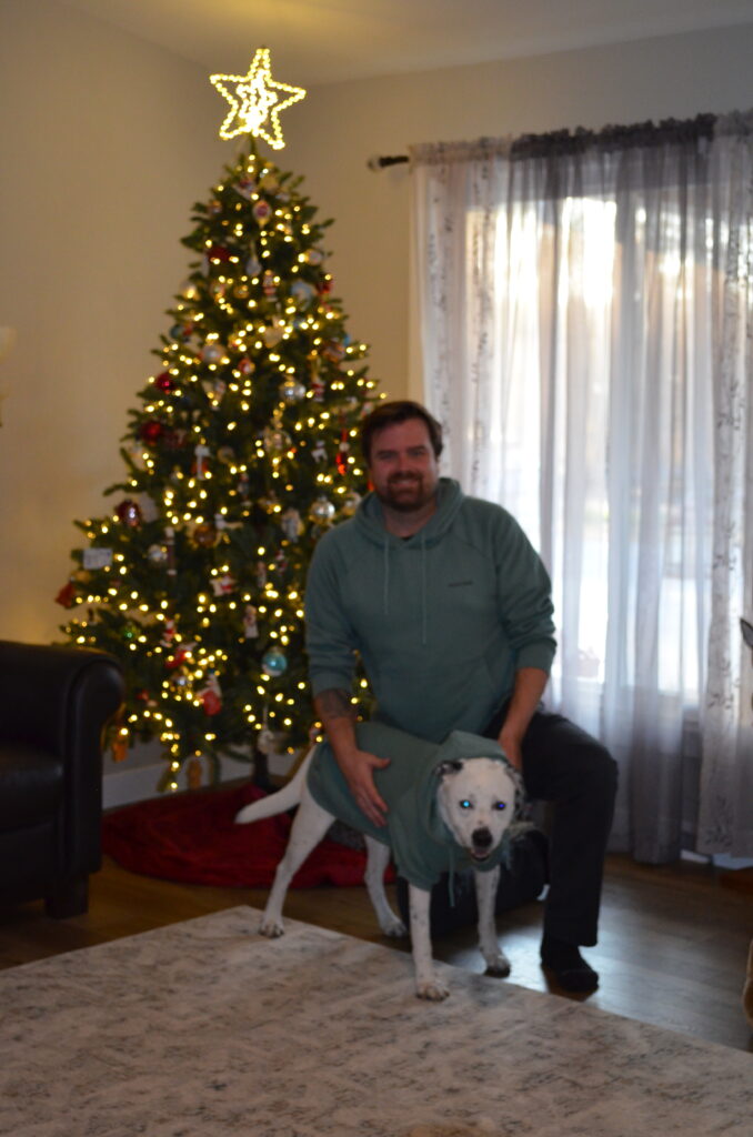Man and dog posing in front of Christmas tree wearing matching hoodies